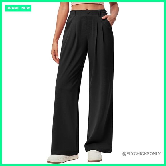 Pants - Wide Leg Palazzo Pants High Waisted Pull On Stretchy Work Trousers